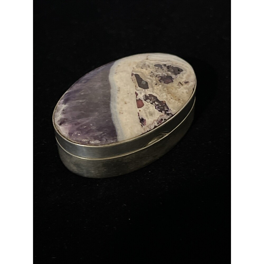 Sterling Silver Opalized Fluorite Cabochon Vintage Handmade Rare Pill Box Mexico